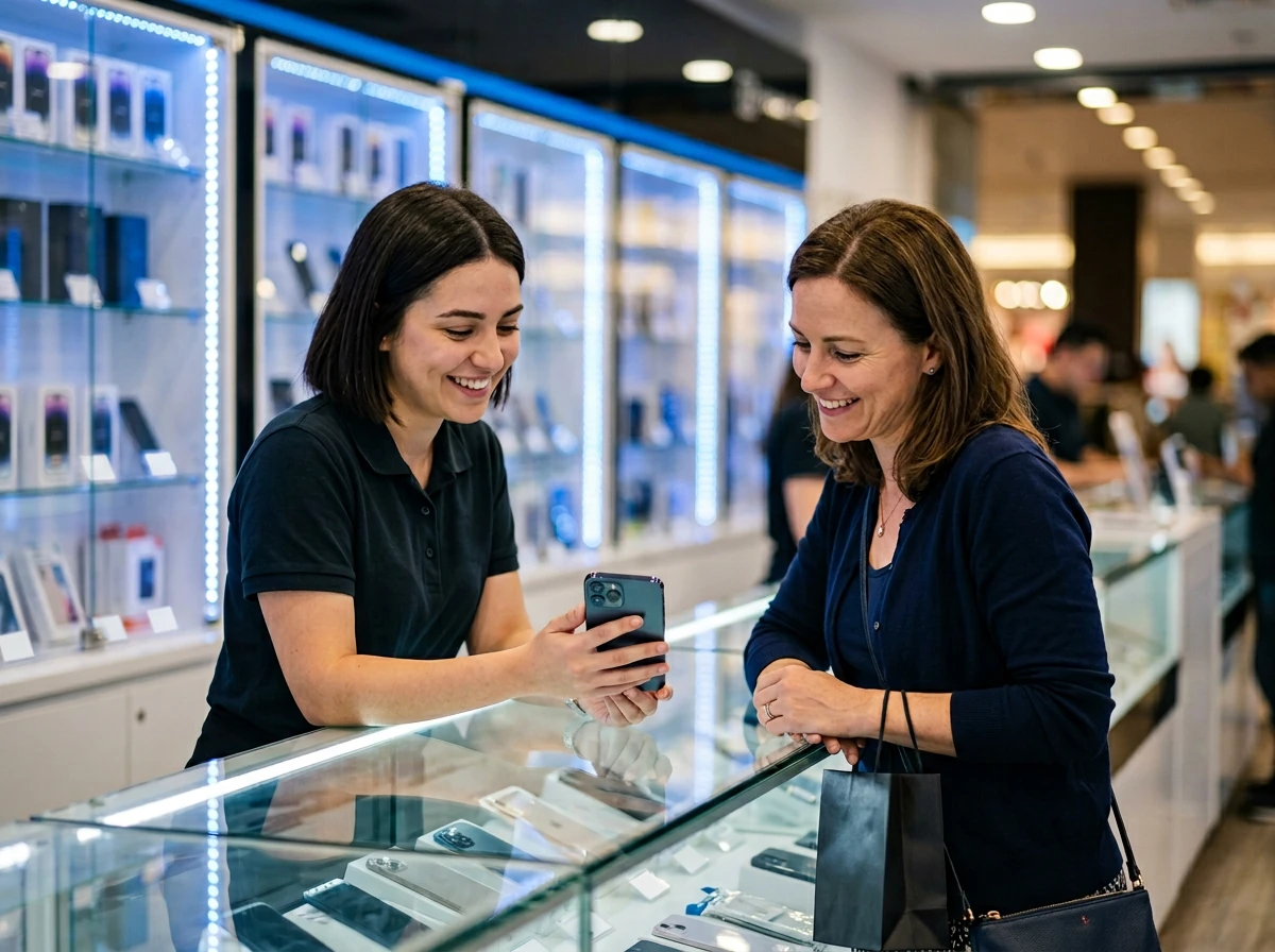 Vendeur présentant un smartphone à un client au comptoir du magasin