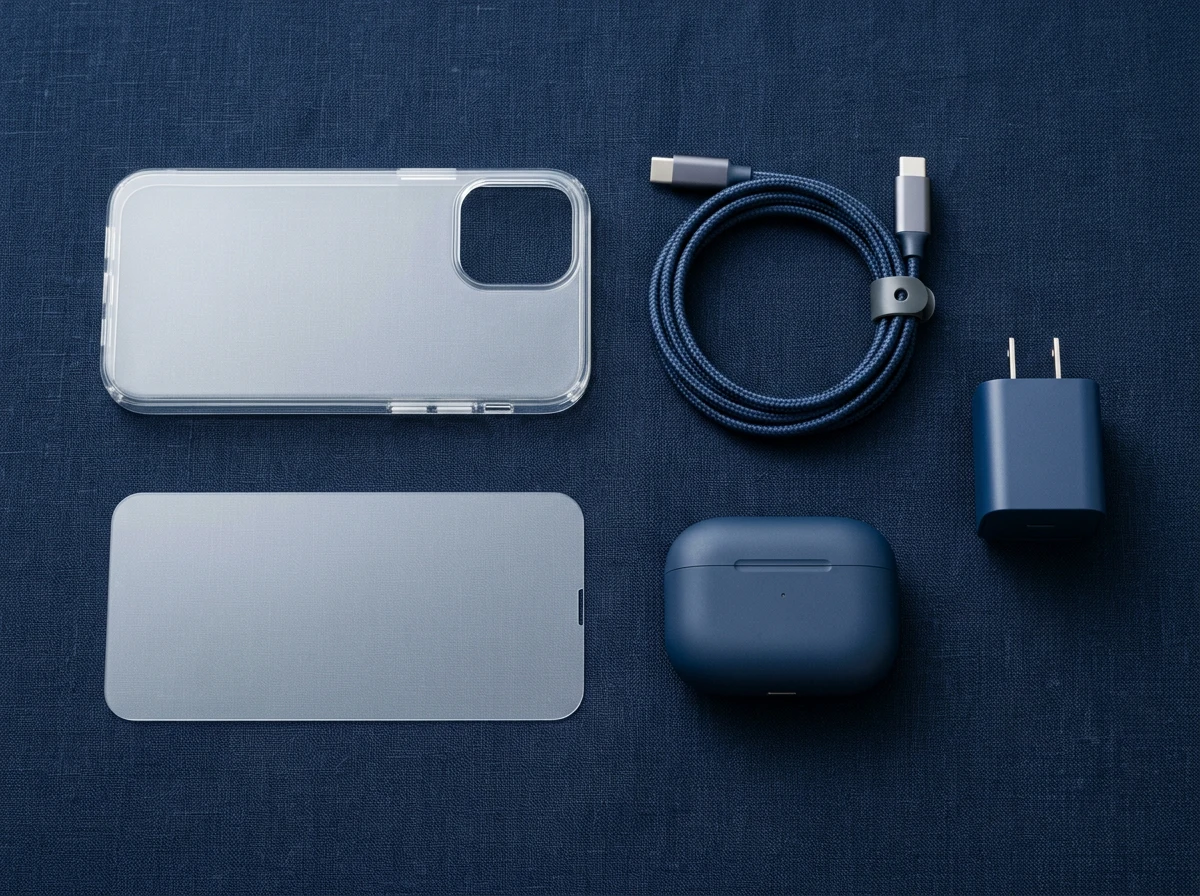 Assortiment d'accessoires pour smartphones: coques, câbles et protège-écrans