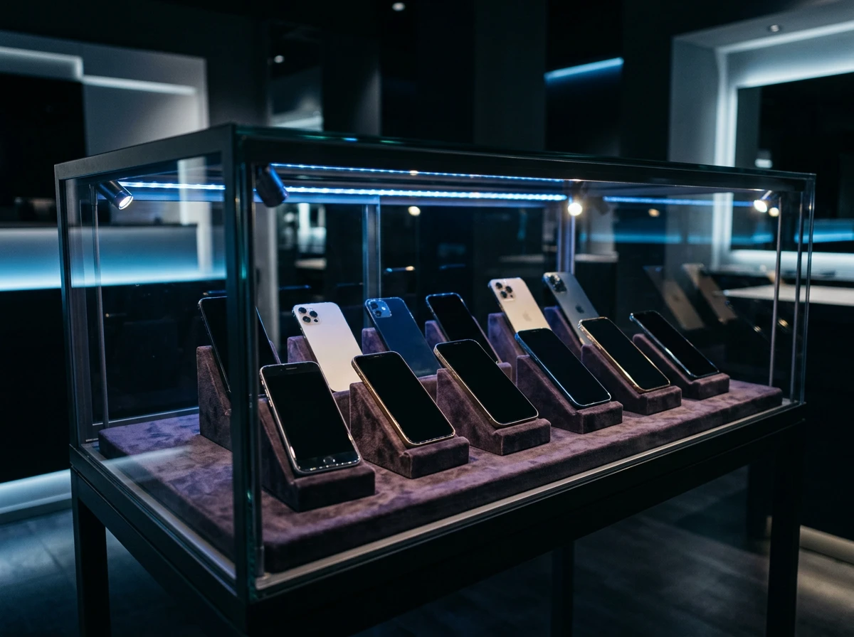 Vitrine de smartphones neufs et reconditionnés dans un magasin de téléphonie